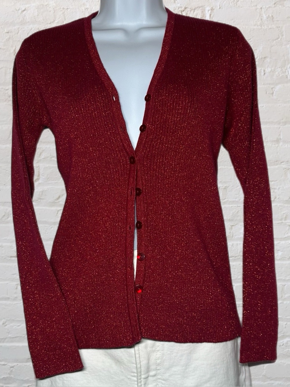 Style&co Vintage Y2K Red Glitter Long Sleeve Button Down Sweater in Women’s SML